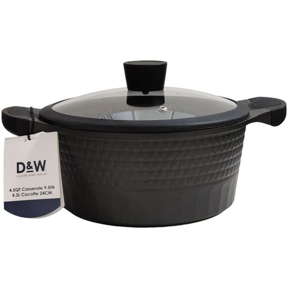 D&W Cookware 9.5in Non Stick Stockpot Casserole Pot With Glass Lid 4.5QT Black - Picture 4 of 16